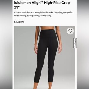 Lululemon Align High Rise Crop Black 23”